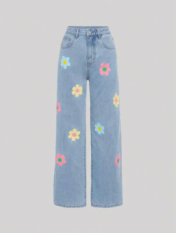 Dive Into Trendy Women's Fashion Flower Kid Jeans